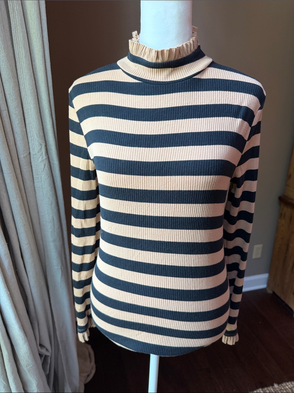 J.crew Striped Ribbed Mock Neck Top in Black and Cream